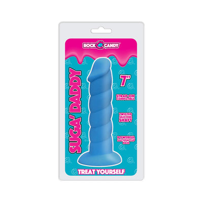 Blue 7-inch twisted silicone shaft with suction cup base, strap-on compatible, packaged in colorful Rock Candy Sugar Daddy box.