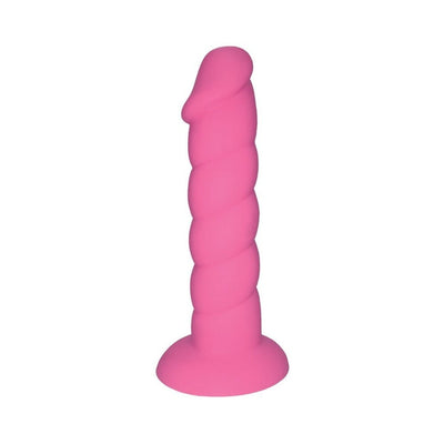 Pink silicone 7-inch twisted shaft dildo with suction cup base, designed for versatile and secure use.