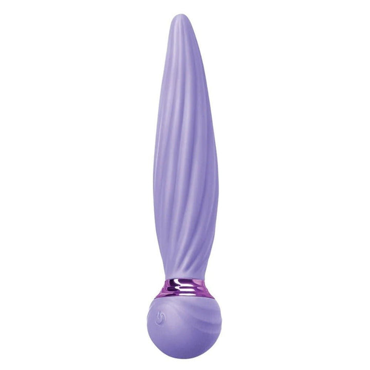 Purple silicone vibrator with a twisted shaft design and rounded base featuring a power button and metallic accent ring.