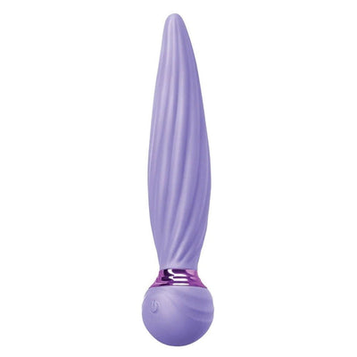 Purple silicone vibrator with a twisted shaft design and rounded base featuring a power button and metallic accent ring.