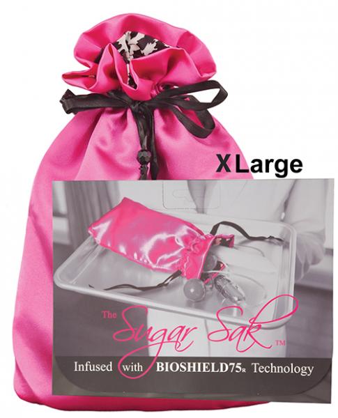 Pink satin drawstring toy bag with black ribbon, extra large size, featuring antibacterial Bioshield 75 protection technology.