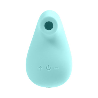 Turquoise rechargeable handheld sonic vibe with suction opening and control buttons on smooth silicone surface.