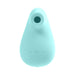 Turquoise rechargeable handheld sonic vibe with suction opening and control buttons on smooth silicone surface.