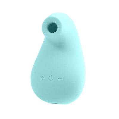 Turquoise handheld rechargeable sonic vibe with silicone finish and control buttons on front.