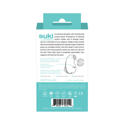 Packaging back of the Suki Rechargeable Sonic Vibe in turquoise with product description and usage details.