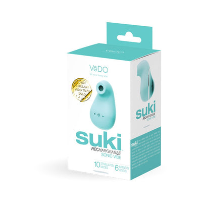 Turquoise Suki Rechargeable Sonic Vibe in sleek packaging highlighting 10 stimulation modes and 6 intensity levels.
