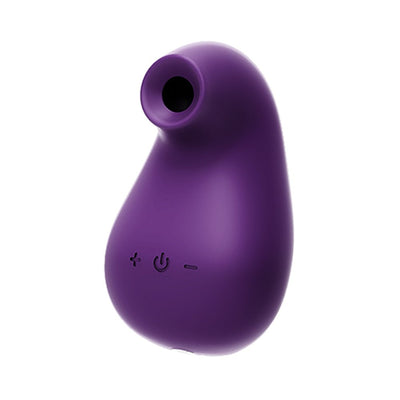 Purple handheld rechargeable sonic vibe with ergonomic design and control buttons on front.