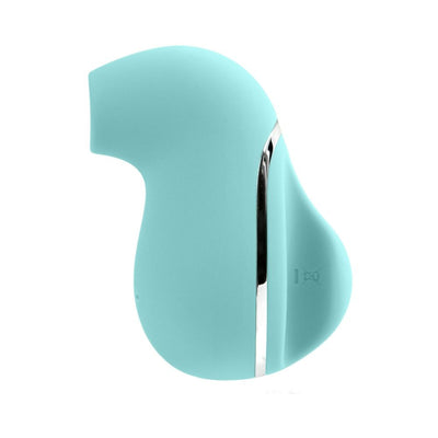 Turquoise rechargeable handheld sonic vibe with smooth silicone finish and sleek silver accent strip.