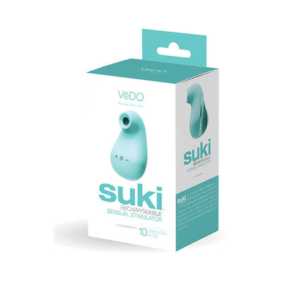 Turquoise Suki rechargeable sensual stimulator in sleek packaging highlighting 10 stimulation modes and compact design.