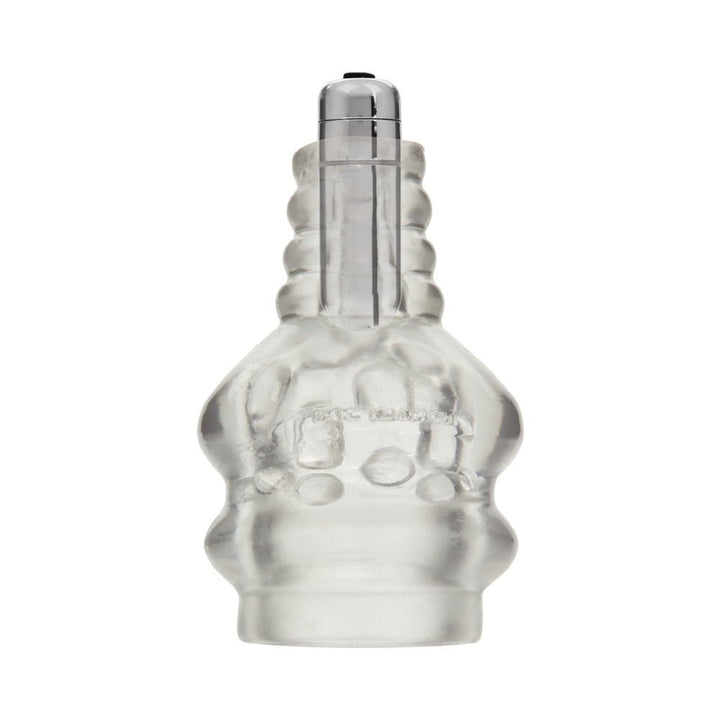 Clear textured male pleasure device with removable 7-function vibrating bullet, designed for comfort and stimulation.