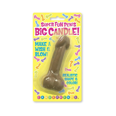 Brown novelty party candle in a playful penis shape with colorful packaging and bold text on a yellow background.