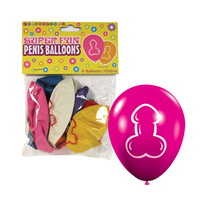 Package of colorful novelty balloons with playful designs, including a pink balloon with a fun graphic, perfect for bachelorette parties.