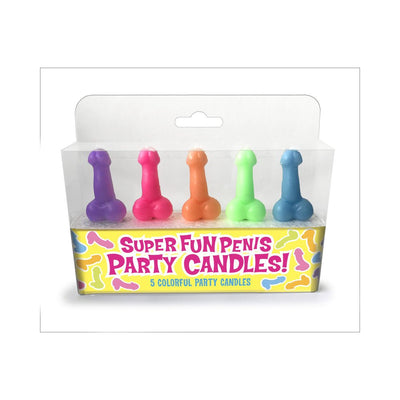 Pack of five colorful novelty party candles in playful shapes, including purple, pink, orange, green, and blue colors.