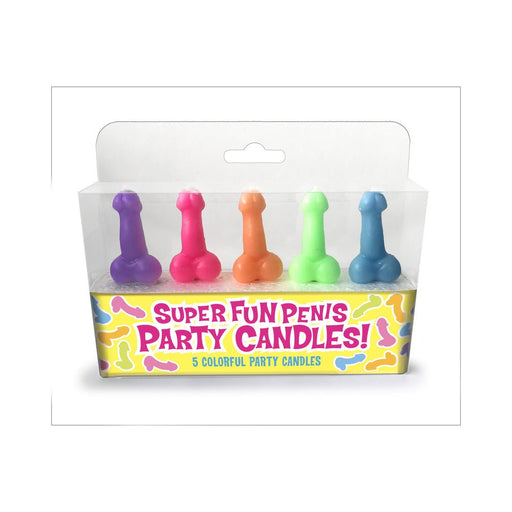 Pack of five colorful novelty party candles in playful shapes, including purple, pink, orange, green, and blue colors.