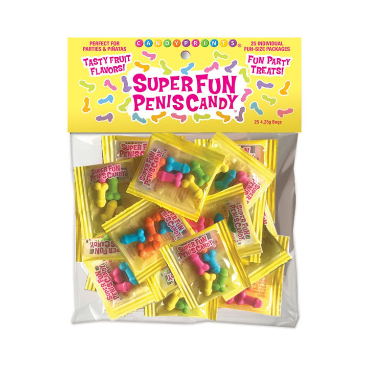 Bag of 25 individually wrapped colorful novelty fruit-flavored candies in playful shapes for parties and celebrations.