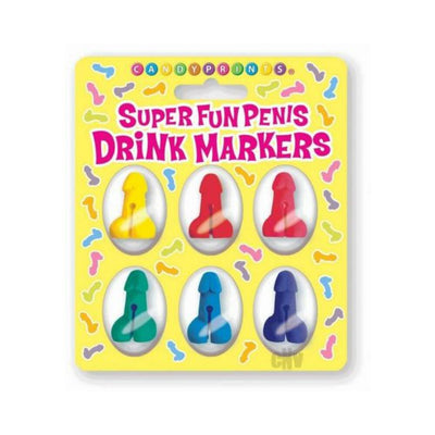Six colorful novelty drink markers in playful shapes on a yellow card labeled Super Fun Penis Drink Markers.