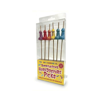 Pack of six colorful novelty bamboo appetizer picks with playful reusable tops in a clear display box.