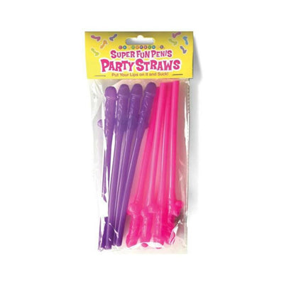 Pack of eight reusable plastic party straws in vibrant pink and purple with playful design, packaged in clear bag with yellow header.