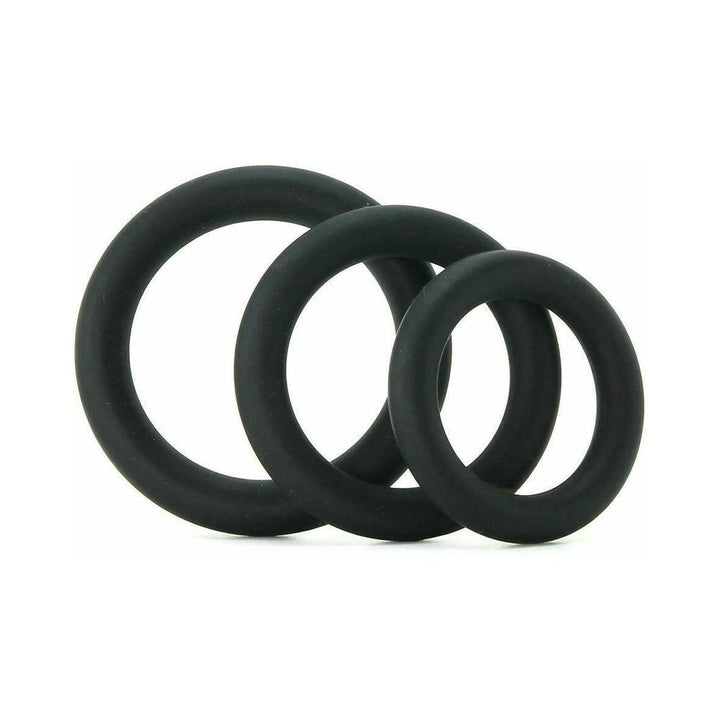 Set of three black silicone cockrings in small, medium, and large sizes arranged side by side on white background.