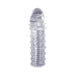 Clear textured sleeve extender with raised nodules and ribbed base for enhanced sensation and comfort.