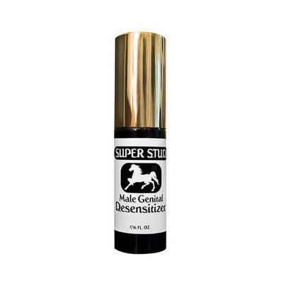 Super Stud Male Genital Desensitizer spray bottle with gold cap and black and white label featuring a horse logo.