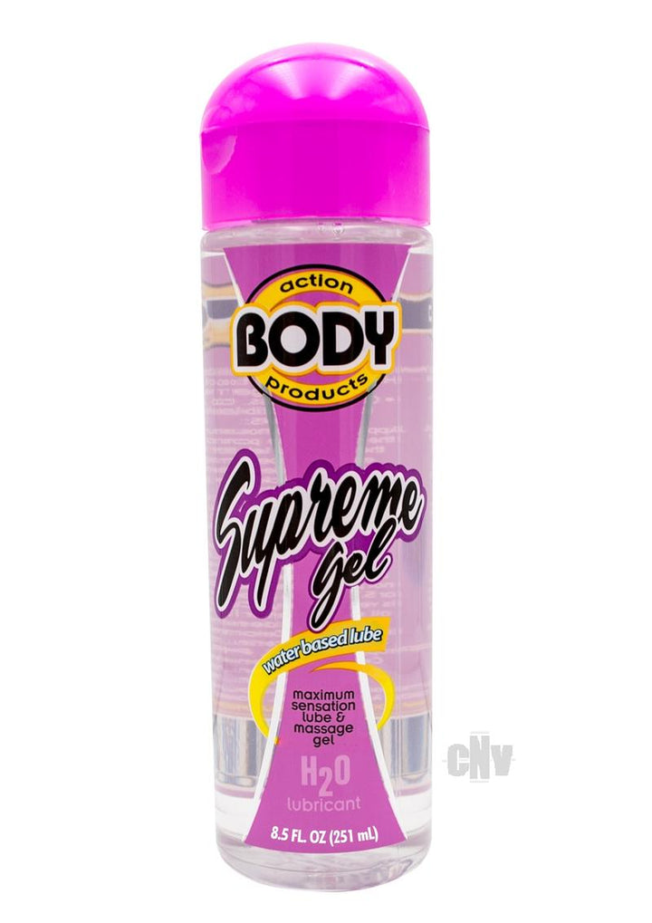Clear 8.5oz bottle of Body Action Supreme Gel water-based lubricant with pink cap and label details