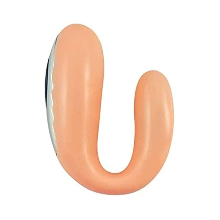 Compact U-shaped silicone oral vibe in peach with a smooth finish and ergonomic design.