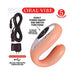 Surenda Oral Vibe in peach with silver control panel, USB charging cable, and power adapter shown with function details.