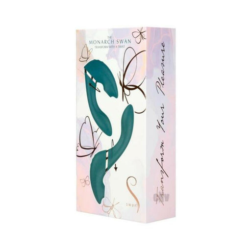 Packaging box of Swan The Monarch Transformer teal vibrator with butterfly design and product images showing transformation feature.