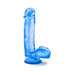 Blue translucent dildo with suction cup base, realistic texture, and detailed sculpting.