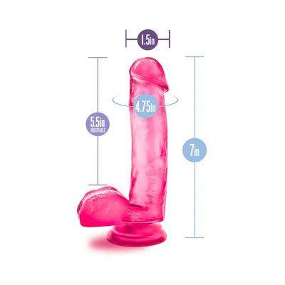 Purple translucent dildo with suction cup base, detailed texture, and size measurements displayed.