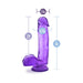 Purple translucent dildo with suction cup base, showing detailed measurements for length, girth, and insertable size.