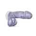 Blue translucent realistic dildo with suction cup base and detailed texture.