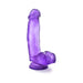 Purple translucent dildo with suction cup base, realistic texture, and detailed design for versatile use.