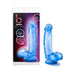 Blue translucent dildo with suction cup base shown in and out of packaging, realistic texture and shape.
