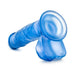 Blue translucent dildo with suction cup base and detailed texture, designed for versatile hands-free use.
