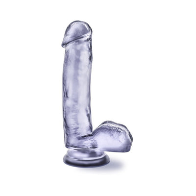 Blue translucent dildo with suction cup base and realistic texture details.