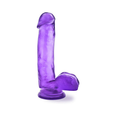 Purple translucent dildo with suction cup base and realistic texture, designed for beginner use.