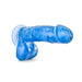 Blue translucent dildo with suction cup base and realistic texture and details.