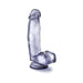Blue translucent dildo with suction cup base, realistic texture and detailed sculpting.