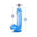 Blue translucent dildo with suction cup base, detailed texture, and size measurements displayed.