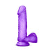 Purple realistic textured dildo with suction cup base and sculpted details for hands-free use.
