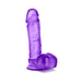 Purple translucent dildo with suction cup base and textured details, standing upright on a white background.