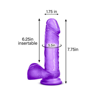 Purple dildo with suction cup base showing detailed measurements and textured design.
