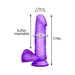 Purple dildo with suction cup base showing detailed measurements and textured design.