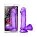 Purple realistic textured dildo with suction cup base shown in and out of packaging.