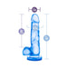 Blue translucent realistic dildo with suction base showing dimensions of 7 inches length and 1.5 inches diameter.