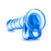 Blue translucent textured silicone dildo with suction cup base on white background.