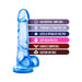 Blue translucent realistic dildo with suction cup base and safety feature icons on the side.