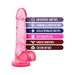 Pink realistic dildo with suction cup base and text highlighting body-safe, fragrance-free, latex-free, soft feel, and harness compatibility.